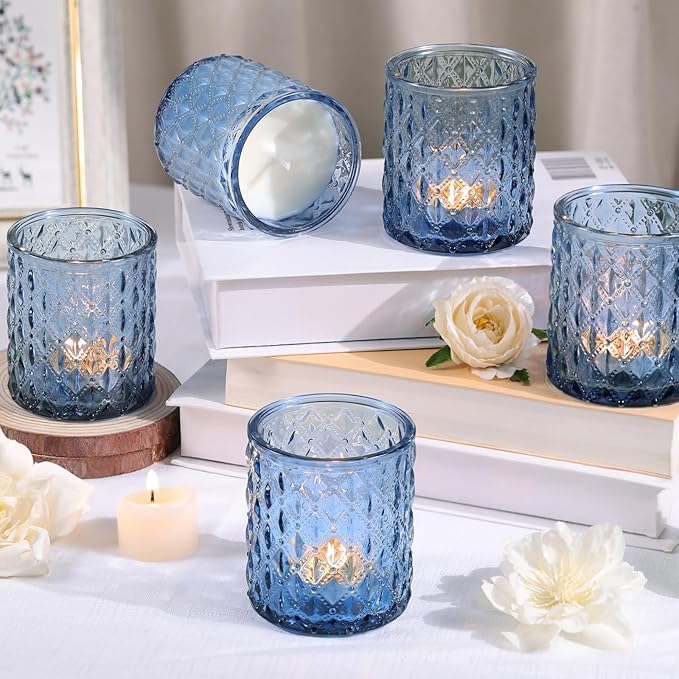12Pcs Large Votive Candle Holders 2.8 * 3.2in Blue Tea Light Candle Holders Glass Candle Holder for Wedding, Bridal Shower, Table Centerpiece, Party, Home Decor