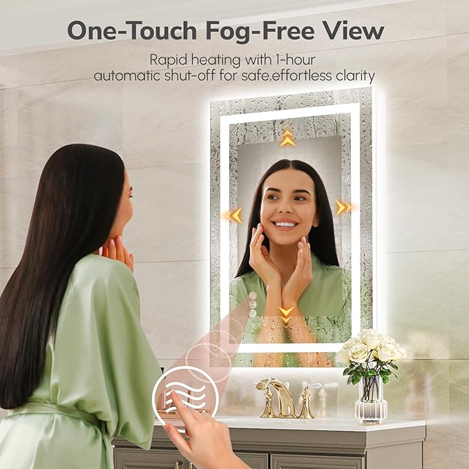 USHOWER LED Bathroom Mirror 24x36 Inch with Lights - Frameless Tempered Glass LED Backlit Lighted Mirror for Bathroom Vanity with Anti-Fog, 3 Colors Dimmable, Memory Function, Wall-Mounted