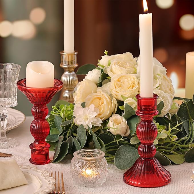 DARJEN 2 Pcs Red Taper Candle Holder - Vertical Stripe Glass Candle Holders for Taper and Votive Candles, Candlestick Holders for Various Activities, Home and Festival Decoration
