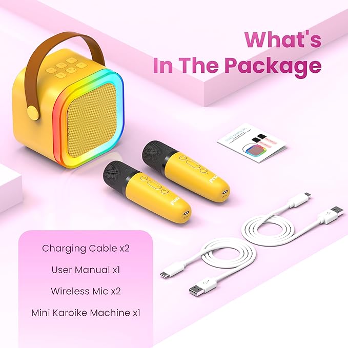 Mini Karaoke Machine for Kids Adults, Portable Karaoke Microphone Singing Speaker Bluetooth Karaoke Player with 2 Wireless Mic, Birthday Gifts for Girls Boys 4-12 Year Old, Family Home Party(Yellow)