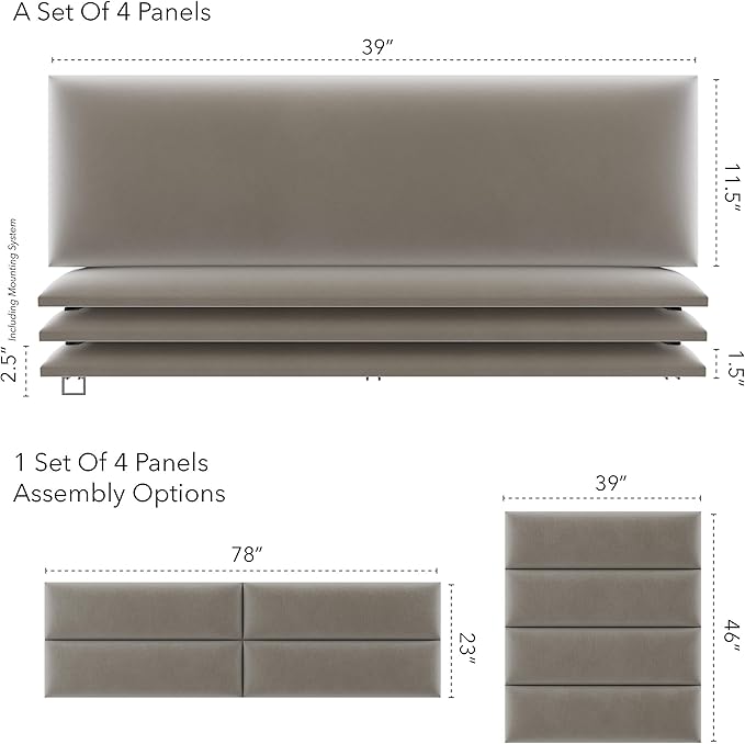Vänt Upholstered Wall Panels - King/Cal King Size Wall Mounted Velvet Headboards - Velvet Sand Storm - Twin/King - Set of 4 Panels (Each Individual Panel 39"x11.5")