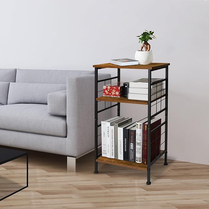 GIOTORENT 3-Tier Tall End Table, Narrow Night Stand with #-Design Sturdy Frame, Small Bed Side Table for Small Space in Living Room,Bedroom,Office,Bathroom(Brown)