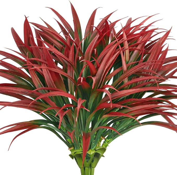 Ouddy Decor 20 Pcs Fake Outdoor Plants Artificial Grass Greenery Stems Faux Plastic Plants UV Resistant for Fall Indoor Outside Garden Hanging Planter Pathway Porch Patio Window Box Home Decor, Red