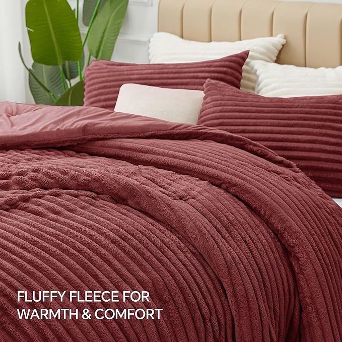 BEDELITE Fleece King Comforter Set -Super Soft & Warm Fluffy Burgundy Bedding, Luxury Fuzzy Heavy Bed Set for Winter with 2 Pillow Cases