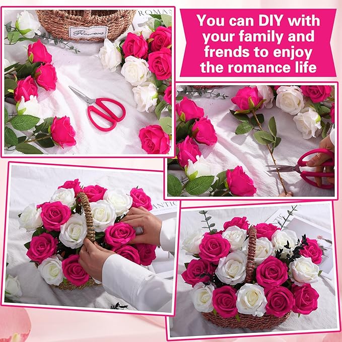 72 Pcs Hot Pink, White Artificial Roses, Bulk Fake Silk Flowers for Wedding Arch, Centerpieces, Vase Filler, Party Decor (36 Pink + 36 White)