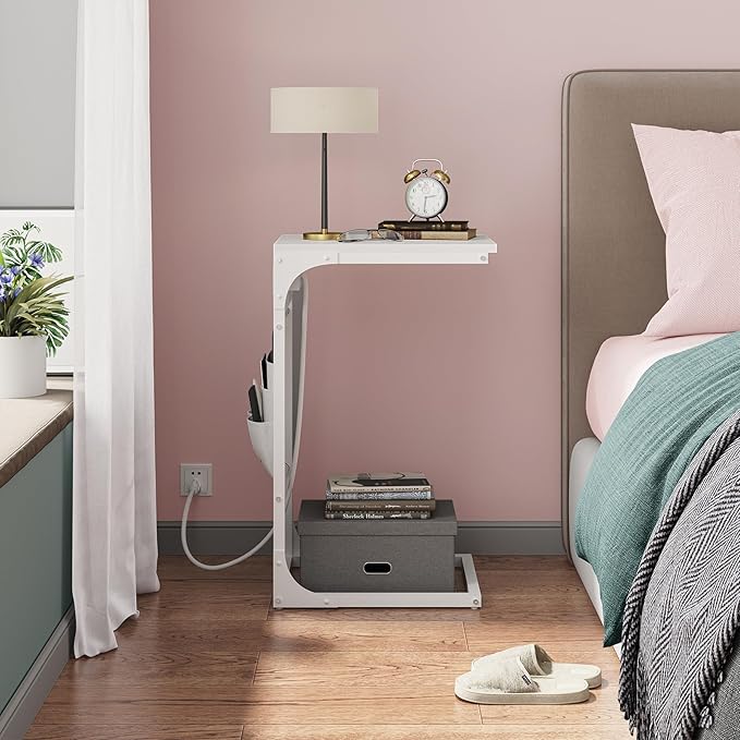 TUTOTAK C Shaped End Table with Charging Station, Side Table for Sofa, Couch Table with Storage Bag, TV Tray Table with 2 USB Ports and Outlets for Living Room, Bedroom, White TB01BW024