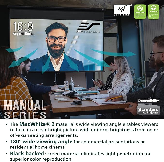 Elite Screens Manual Series, 80-INCH, 4:3 Aspect Ratio. Manual Pull Down Projector Screen with AUTO LOCK for Home Movie Theater, 8K / 4K Ultra HD 3D Ready, M80NWV, White