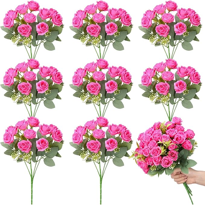 Zeyune 8 Pack 12 Inch Wedding Bouquets for Bride Bridesmaid Hot Pink Artificial Rose Bouquet Fake Silk Roses Flowers Bunches Bulk for Home Office Garden Parties Decoration