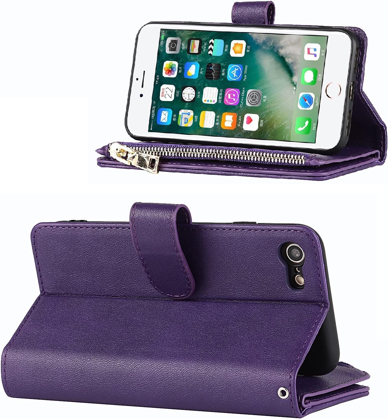 Jaorty Wallet Case for iPhone 7/8/iPhone SE 2nd 2020/iPhone SE 3rd 2022, 9 Card Slots, Zipper Cash Pocket, Purple