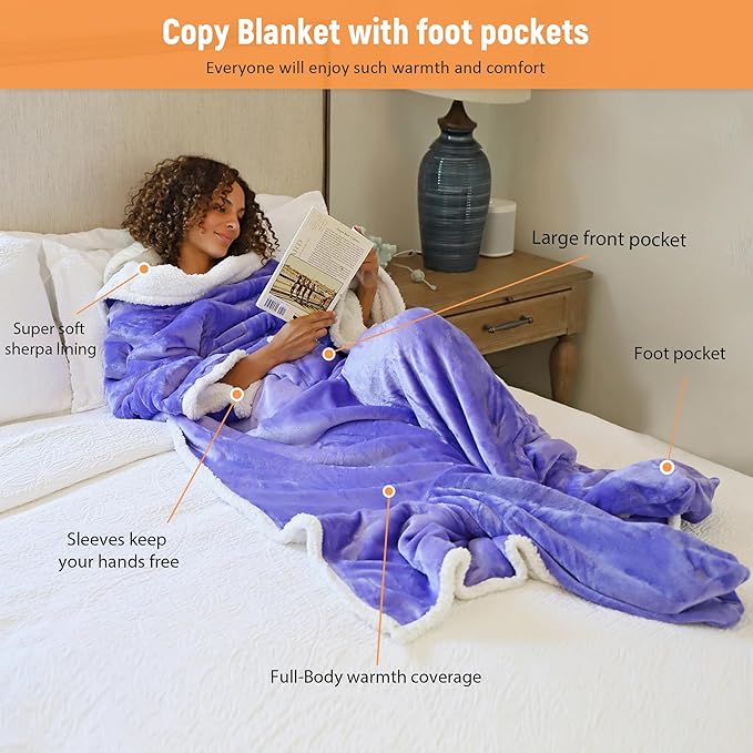 Catalonia Sherpa Wearable Blanket with Sleeves & Foot Pockets for Adult Women Men, Comfy Snuggly Wrap Sleeved Throw Blanket Robe, Gift Idea