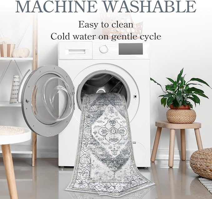 Lahome Boho Small Rug - 2x5 Non-Slip Washable Laundry Room Rug, Lightweight Hallway Rugs Indoor, Oriental Distressed Print Carpet Runners for Bedroom Kitchen Bathroom
