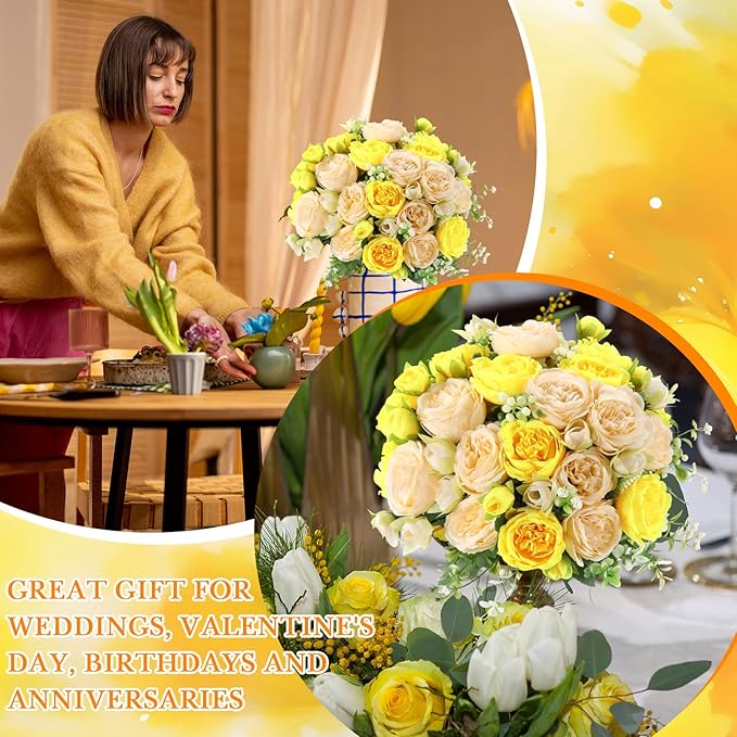 Geosar 16 Bundles Artificial Peonies Flowers Fake Silk Peony Bouquet Faux Peonies Flowers Bulk for Decoration Vase Floral Arrangements Wedding Party Table (Yellow,Champagne)