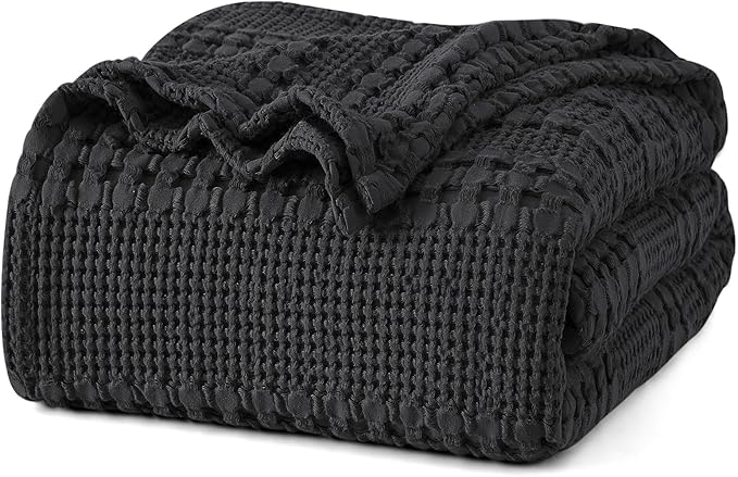 PHF 100% Cotton Waffle Weave Blanket Queen Size for Bed, Soft Lightweight & Breathable, All-Season Comfort, Luxury Aesthetic Woven Bedding for Home Decor, 90"x90", Black