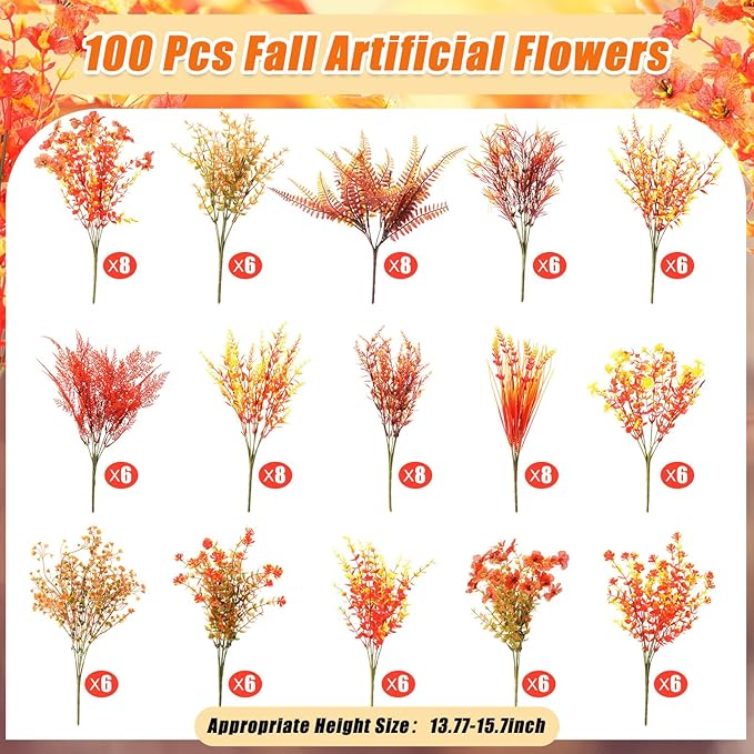 Mimorou 100 Bundle Fall Artificial Flowers Outdoor UV Resistant Autumn Orange Fake Plants Flowers Faux Plastic Greenery Decoration Shrub for Wedding Window Box Home Porch Fireplace Thanksgiving