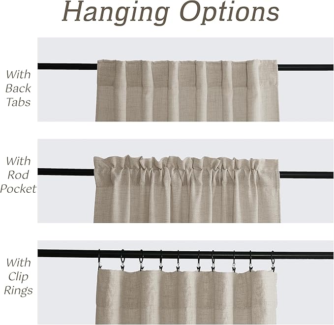 RYB HOME Natural Beige Linen Sheer Curtains 96 inches Long for Living Room and Dining Room, Back Tab/Rod Pocket, Light Filtering Sheer Curtains and Drapes, W 52 x L 96 inches, 2 Panels Set