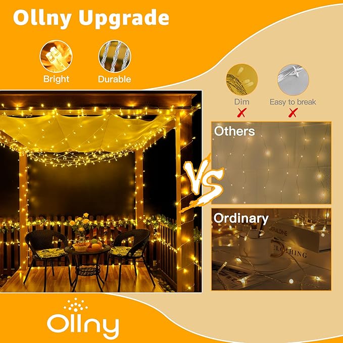 Ollny 120LED 40FT String Lights, Waterproof Connectable Christmas Lights with Timer 8 Modes, Warm White Plug in Fairy Light for Indoor Outdoor Bedroom Xmas Tree Holiday Party Decorations