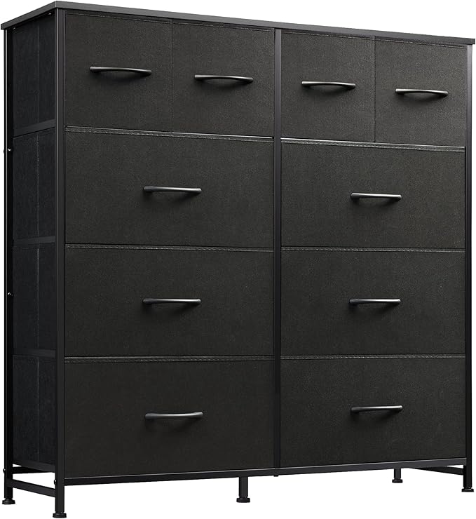 WLIVE Dresser for Bedroom with 10 Fabric Drawers, Tall Chest Organizer Units for Clothing, Closet, Storage Tower with Cabinet, Metal Frame, Wooden Top, Black Dresser for Living Room