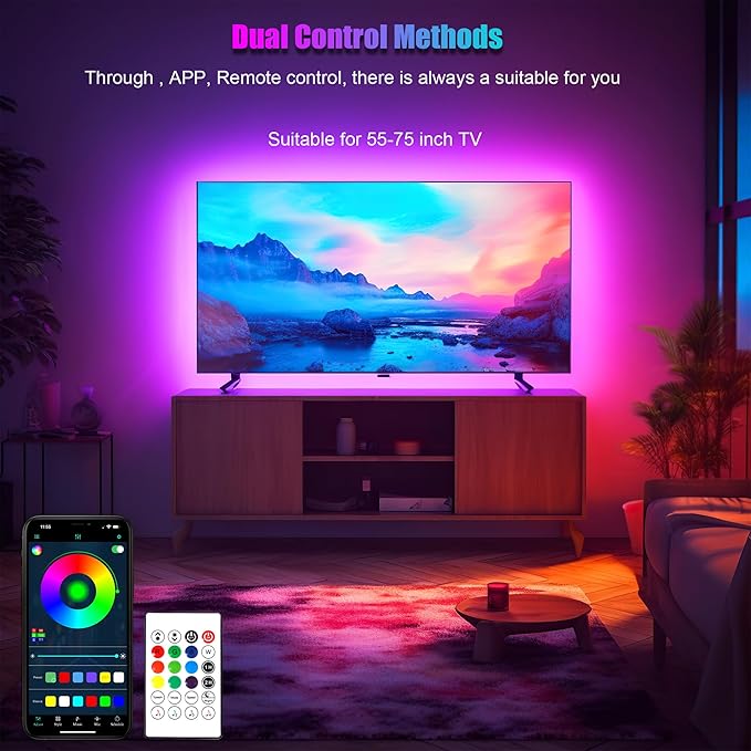 PANTON VILLA LED Lights for 55-75 Inch TVs, 16.4FT ICRGB TV LED Backlight Kit with APP & Remote Control, Music Sync, USB Powered