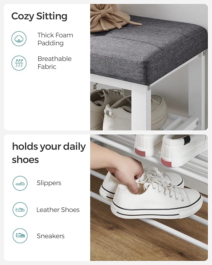 SONGMICS Shoe Bench, Storage Bench, Entryway Bench with Cushion, Shoe Shelf with Seat, Space-Saving, Modern Style, for Living Room, Bedroom, Hallway, Dark Gray and Cloud White ULBS057W01