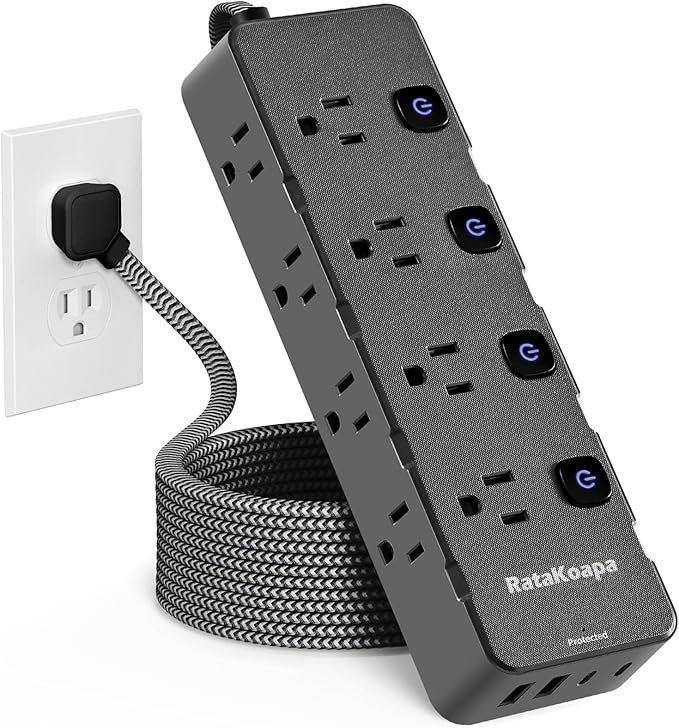 Surge Protector Power Strip 10 Ft - 8 Widely AC Outlet 4 USB Ports(2 USB C), Flat Plug Extension Cord with Multiple Outlets, Individual Switches, Desk Extender for Dorm, Home, Office Essentials, 1400J