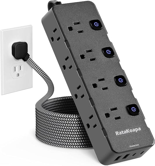 Surge Protector Power Strip 10 Ft - 8 Widely AC Outlet 4 USB Ports(2 USB C), Flat Plug Extension Cord with Multiple Outlets, Individual Switches, Desk Extender for Dorm, Home, Office Essentials, 1400J