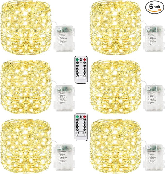 6 Pack Christmas Fairy Lights Battery Operated with Remote, Each 33FT 100LED Waterproof Twinkle Lights with Timer, String Light Indoor & Outdoor for Bedroom Wedding Christmas Decorations (Warm White)