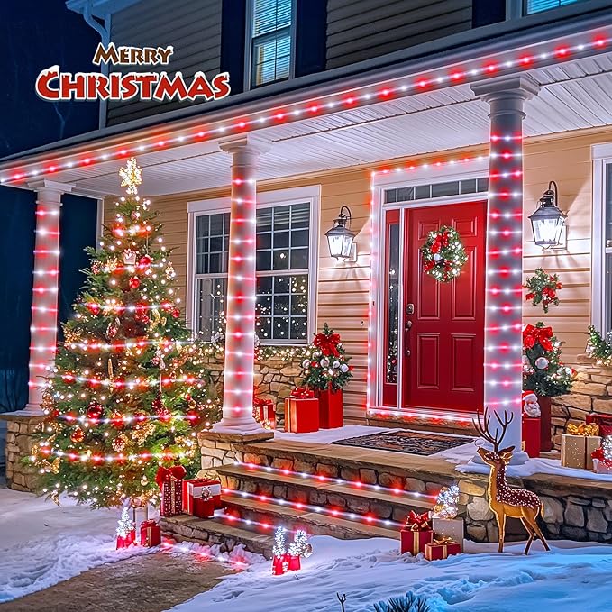 JMEXSUSS 2 Pack Rope Lights Battery Operated Christmas Lights Outdoor Waterproof, Total 200LED 66ft 8Mode Battery Powered String Lights with Remote, Red and White Rope Lights for Christmas Decor