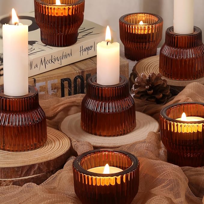 12pcs Amber Glass Candlestick Holders, Taper Candle Holders Tea Light Candle Holder for Wedding Centerpieces Table Decorations, Votive Candle Holders for Table Decor