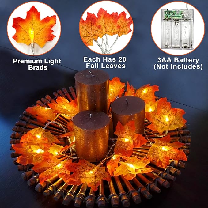 TURNMEON 2 Pack Thanksgiving Decorations Enlarged Maples Leafed Lights Total 20Ft 40LED Fall Decorations for Home, Battery Operated Autumn Garland Waterproof Indoor Outdoor Holiday Thanksgiving Decor