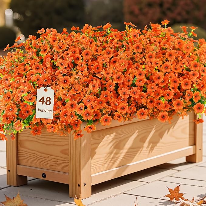 SHareconn 48 Bundles Artificial Fall Flowers for Outdoors Decoration, UV Resistant Silk Eucalyptus Lavender Faux Autumn Fake Plants for Outside Indoor Garden Yard Porch Home Decor, Orange