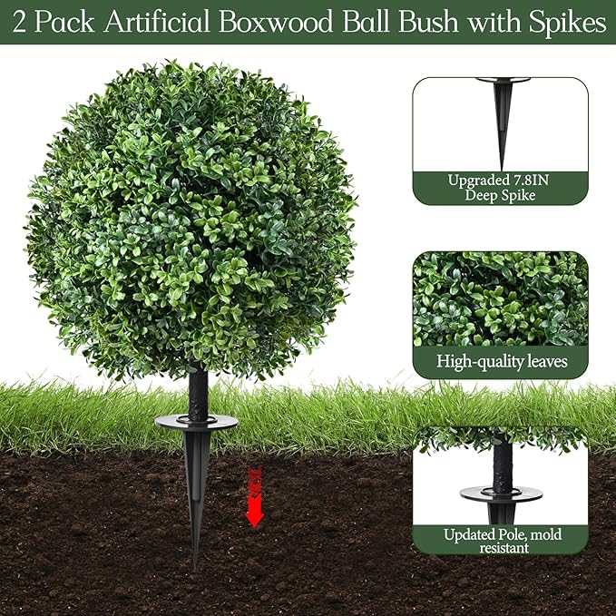 24" Artificial Topiary Boxwood Ball Tree with Ground Spike, Set of 2, UV Resistant Outside Fake Bushes Plants, Faux Cedar Balls Faux Shrubs Plastic Plants for Outdoor Indoor Front Porch Garden Decor