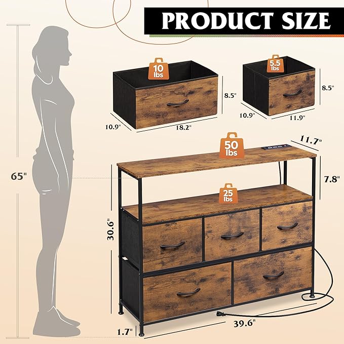 WLIVE Dresser for Bedroom, 5 Drawer Dressers with Charging Station, Fabric Chest of Drawers with Open Shelves, Storage Dresser for Living Room, Closet, Entryway, Rustic Brown Wood Grain Print