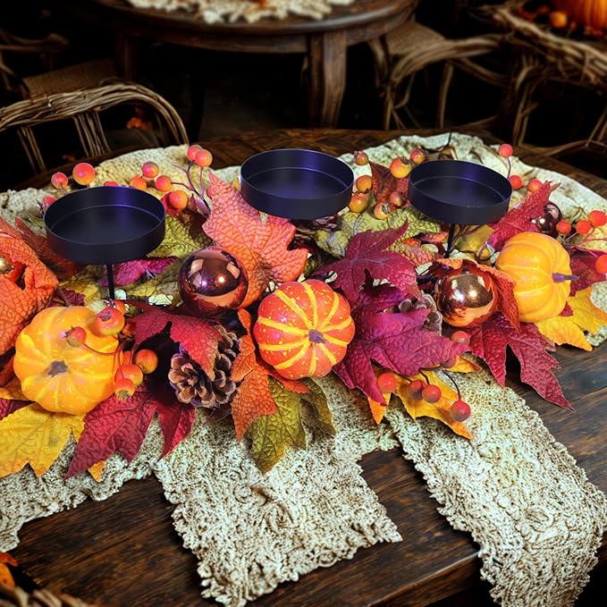 Fall Candle Holder Centerpiece for Table – Thanksgiving Table Decor with Pumpkins, Maple Leaves,Autumn Harvest Decoration with 3 Candle Holders for Dining Table, Fireplace & Home Decor