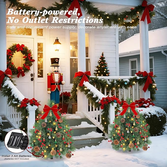 Lewondr Set of 2 Prelit Pathway Christmas Trees, 27.56" Outdoor Christmas Tree with 50 LED Lights, Pine Cones Red Berries, Battery Operated Outdoor Xmas Decor for Yard Home Porch, Green