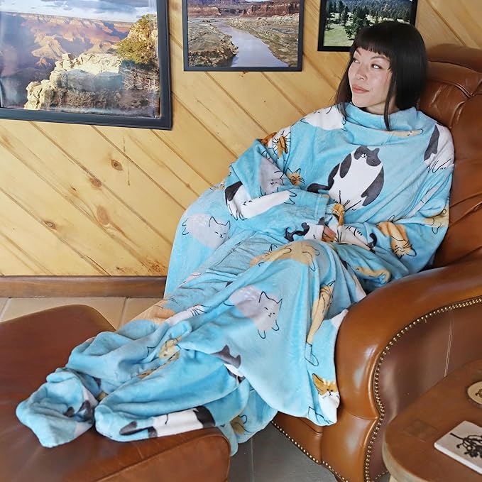 Catalonia Wearable Fleece Blanket with Sleeves and Foot Pockets for Adult Women Men, Micro Plush Comfy Wrap Sleeved Throw Blanket Robe Large, Blue Cat