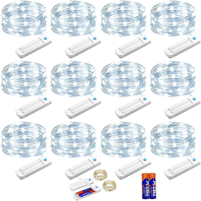 YJFWAL 12 Pack 10ft 30LED Starry String Lights with 8 Modes Timer Function Waterproof Fairy Lights Battery Operated(AAA Batteries Included) for DIY, Wedding, Party, Patio, Garden Decor (Cool White)