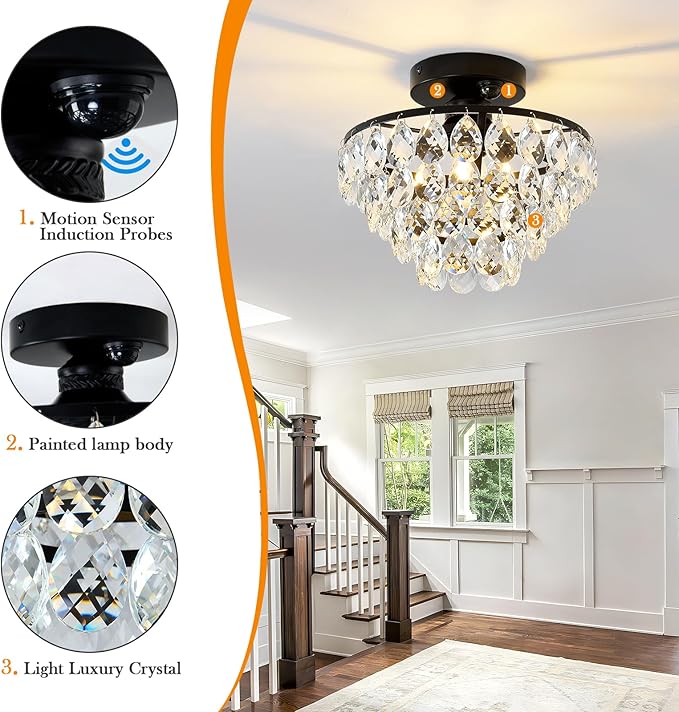 YYJLX Indoor Motion Sensor Ceiling Light Fixture Modern Cryatal Semi Flush Mount Ceiling Light Black Ovrehead Light Fixture for Porch Hallway Front Entryway Kitchen Hall Garage.