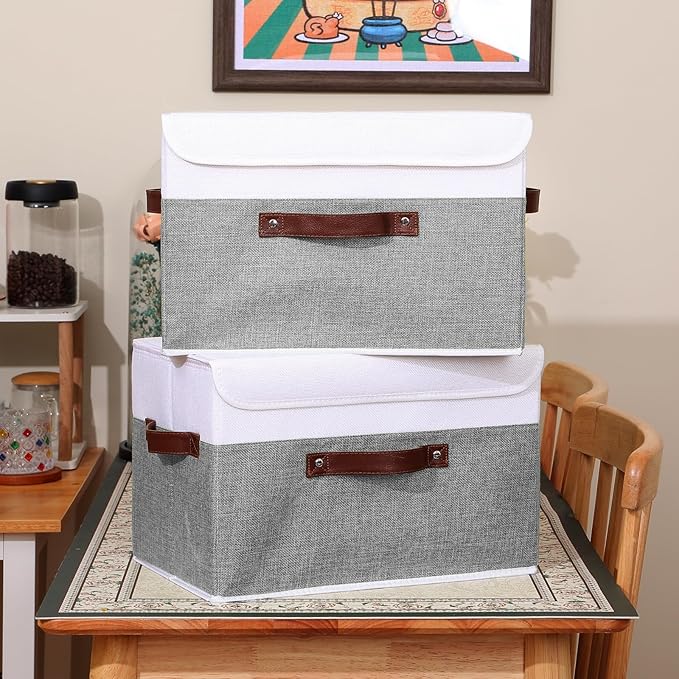 ANMINY 2PCS Storage Boxes with Lid Washable Decorative Storage Bins Basket with PU Leather Handle Foldable Linen Fabric Storage Cubes Containers for Home Closet Organizer - Gray White, Large Size