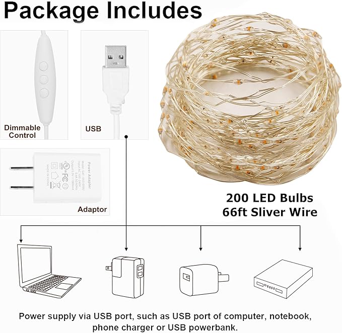 Twinkle Star 200 LED 66ft Christmas Fairy String Lights USB & Adapter Powered, Dimmable Starry Silver Wire Light Home Lighting Indoor Outdoor Bedroom Wedding Party Decoration, Multicolor