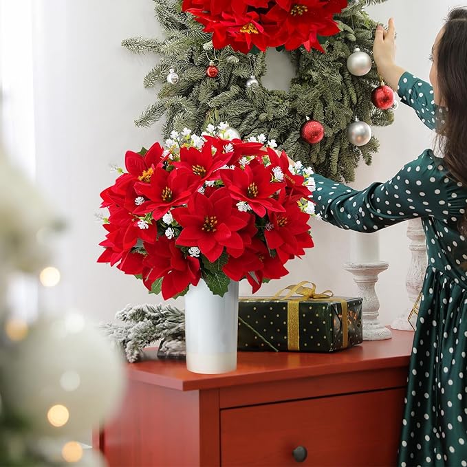 Artificial Flowers for Outdoors Red Christmas Poinsettia Flowers 12 Bundles Mixed Fake Plants UV Resistant Faux Flowers for Outdoor Planters Garden Porch Patio Home Winter Decor