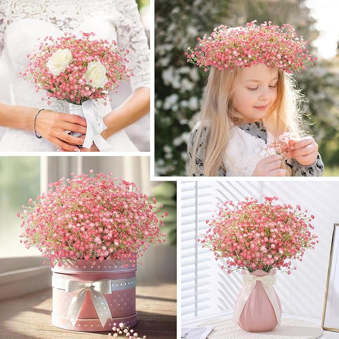 N&T NIETING Babys Breath Artificial Flowers Bulk, 15Pcs Fake Gypsophila Bouquet Flowers Real Touch Faux Babies Breath Arrangement for Wedding Floral Party Home Centerpieces Vase Decoration, Pink
