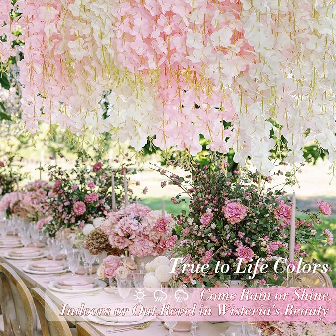 60 Pack White Pink Wisteria Hanging Flowers, Fake Hanging Flowers for Decoration, Artificial Flowers,Vines for Bedroom,Flower Garland for Home,Party,Garden, Wall,Wedding Decoration(3.6 Ft/Pcs)