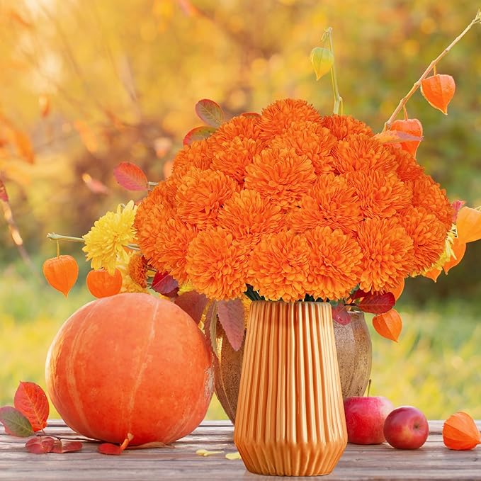 36 Pcs Artificial Chrysanthemums Flowers,Marigold Flower Fall Fake Flowers Orange Silk Mums Bouquet Decor Faux Ball Flowers for Autumn Day of Home Decor Indoor Wedding Table Centerpiece (Orange)