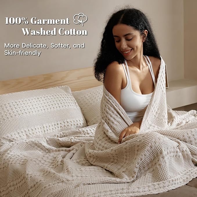PHF 100% Cotton Waffle Weave Blanket Twin Size for Bed, Soft Lightweight & Breathable, All-Season Comfort, Luxury Aesthetic Woven Bedding for Home Decor, 66"x90", Oatmeal