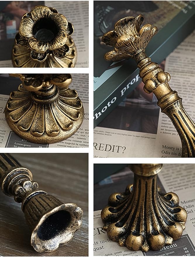 Vintage Candlestick Holder for Taper，Resin Candle Holder Antique Bronze，Decorative for Home Decor Centerpiece for Wedding Party, Wedding Anniversary Decoration，Set of 4(AABC)