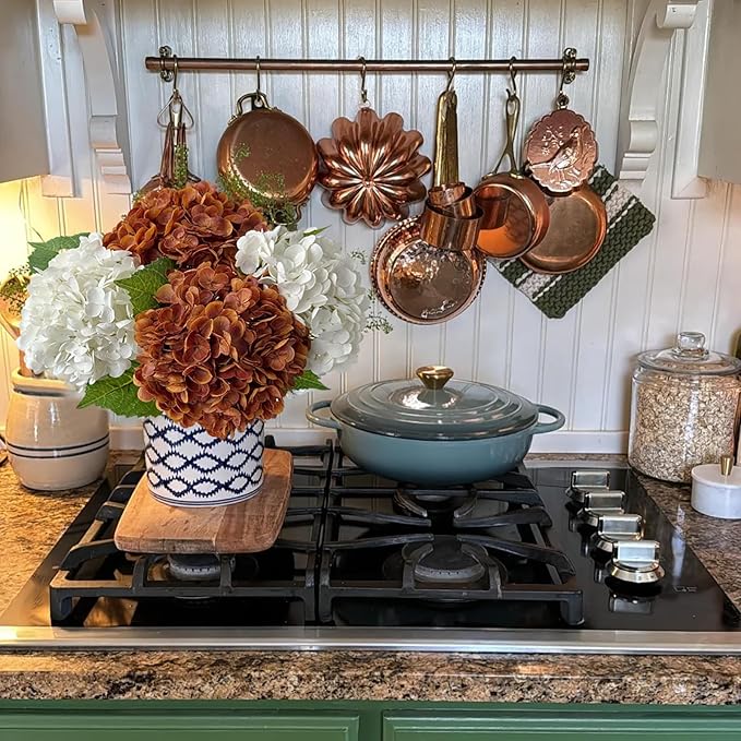 YalzoneMet 4 Pcs Orange Brown Hydrangea Artificial Flowers 21‘’ Real Touch Latex Hydrangea Fake Flowers for Fall Home Decor Party Kitchen Bedroom Bronze Vintage Flower Table Centerpieces