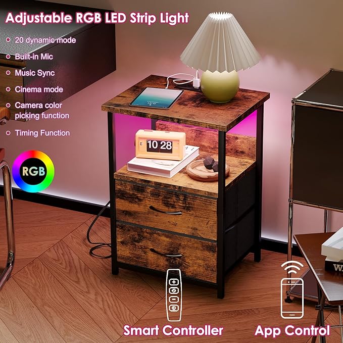 Fixwal Night Stand with Charging Station, LED Nightstand with U-S-B Ports and Outlets, 2 Fabric Storage Drawers with PU Finish, Bedside Table, Rustic Brown