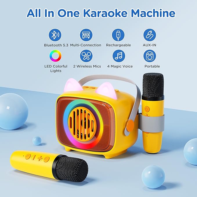 BIGASUO Karaoke Machine for Kids, Mini Portable Bluetooth Speaker with 2 Wireless Microphones and LED Lights, Kids Toys Ideal Gifts for Girls & Boys Birthday Home Party Yellow-2Pack