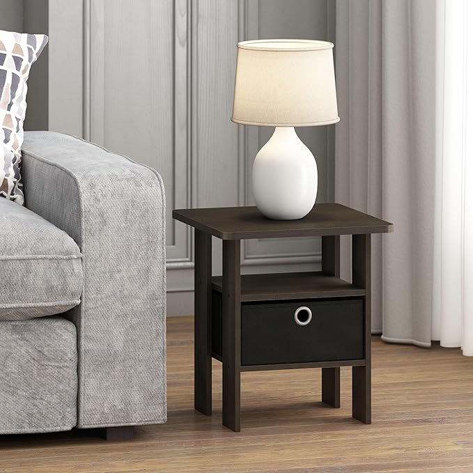 Furinno ANDREY Side Table, End Table, Night Stand with Open Shelves and Storage Bin, Bedside Table, for Living Room, Bedroom, Dark Walnut