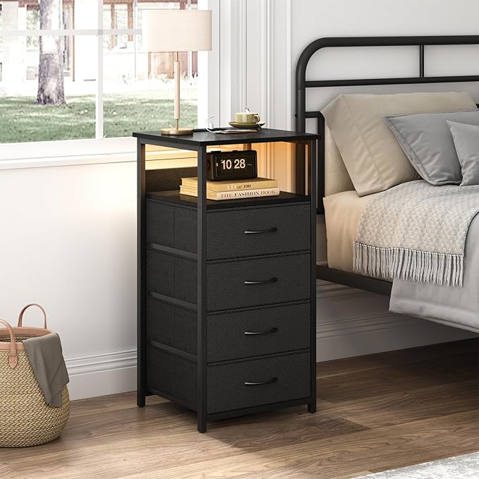 Fixwal Night Stand with Charging Station, Tall Nightstand with U-S-B Ports and Outlets, 4 Fabric Storage Drawers with PU Finish, Small Dresser Bed Side Table, Black
